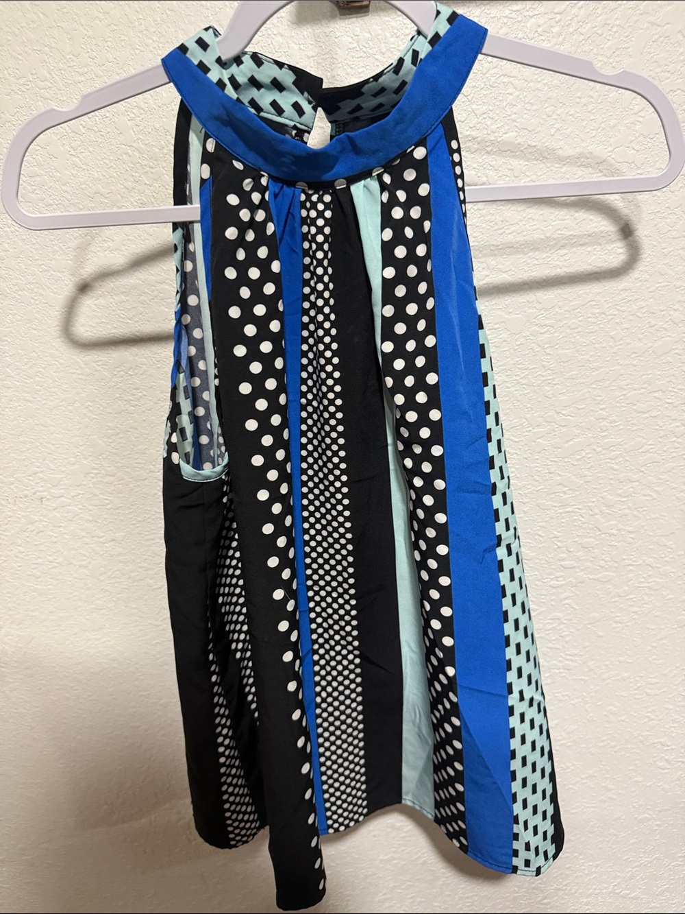 Blue and Black Polka Dot Halter Tunic Top